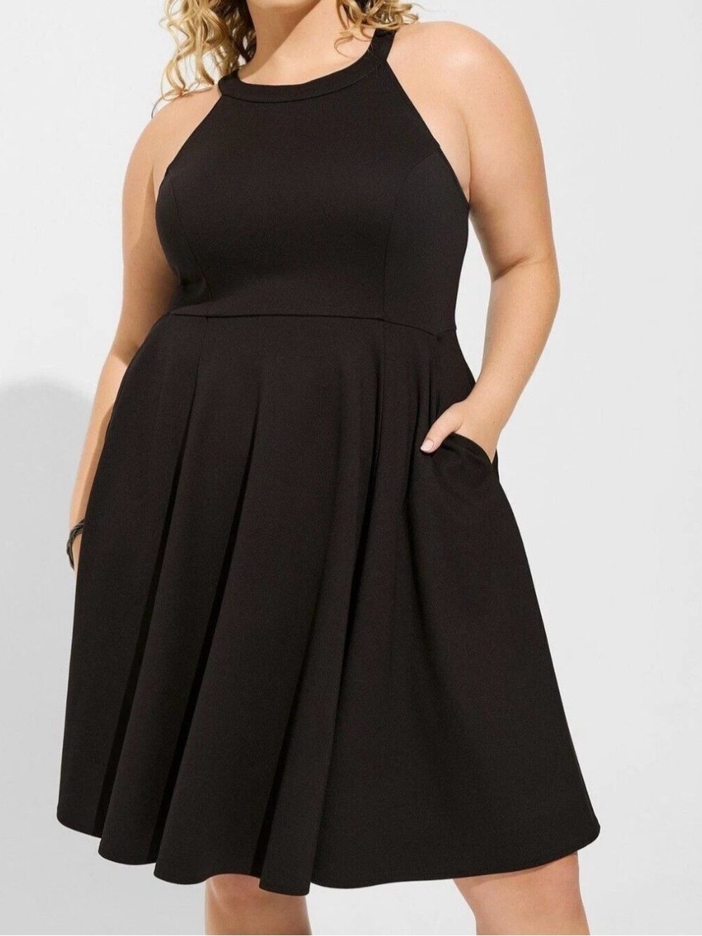 torrid Black Halter Ponte Skater Midi Dress with Pockets, size 16